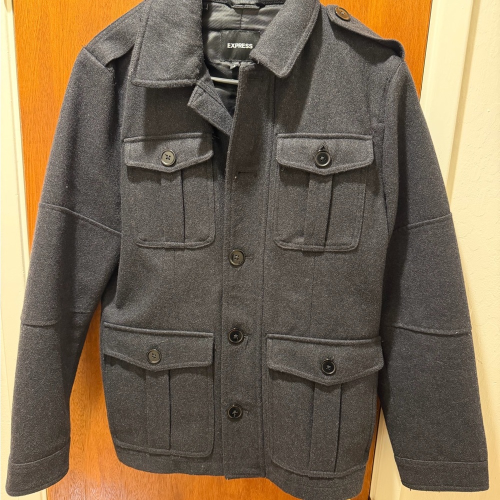 Express Wool Blend Peacoat Charcoal Grey Men’s Small Button Zippee Front Lined
